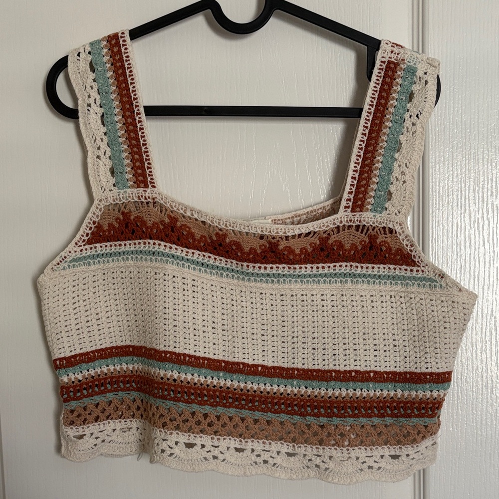 Rebellion Festival Summer Crochet Stripe Crop Top in Cream, Brown & Teal
